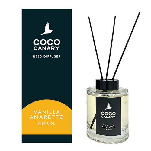 Coco Canary Reed Diffuser for Home, Warm Vanilla Amaretto, 6.7 oz | Vanilla reed diffuser; Long-lasting scent; Cozy home scent, Flameless luxury decor