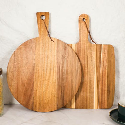 2 Pcs Acacia Wood Cutting Board with Handle, Decorative Wooden Serving Chopping Board Large Butter Charcuterie Butcher Blocks Tray for Kitchen Pizza Cheese Meat Vegetables Fruit Bread Baking