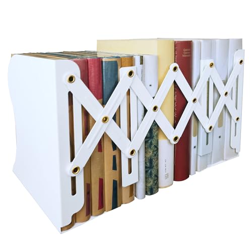 Metal Bookends, Book Ends for Heavy Books, Adjustable Book Holder for Shelves, Book Stopper for Home/School/Office, Extends up to 19 inches, White - color: White-new