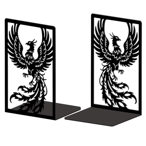 5.3"x4.3"x7.9" Metal Bookends, Heavy Duty Book Ends for Shelves | Phoenix Theme Cast Iron Book Supports, 1 Pair Decor Stoppers for Desk, Library, Office & Home Shelves - style: Phoenix