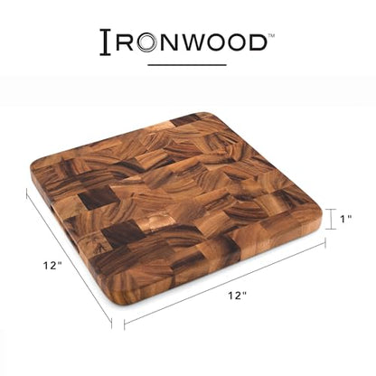 Ironwood Oslo End Grain Square Utility Cutting Board, 12 Inch Square Acacia Wood Cutting Board | Dice, Prep & Serve | Great for Meat & Veggies | Beautiful Acacia Wood | Knife Friendly End Grain Board | Charcuterie Board - size: 12"L x 12"W