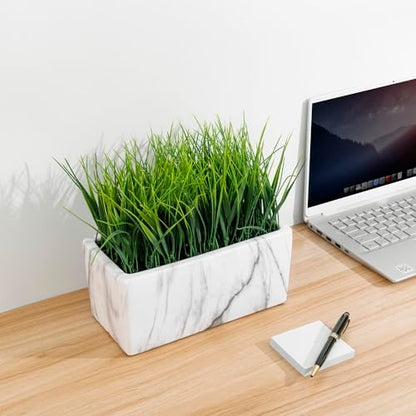MyGift 10 Inch Artificial Green Grass Plant in Rectangular White Marble Pattern Ceramic Planter Pot - color: White Marble