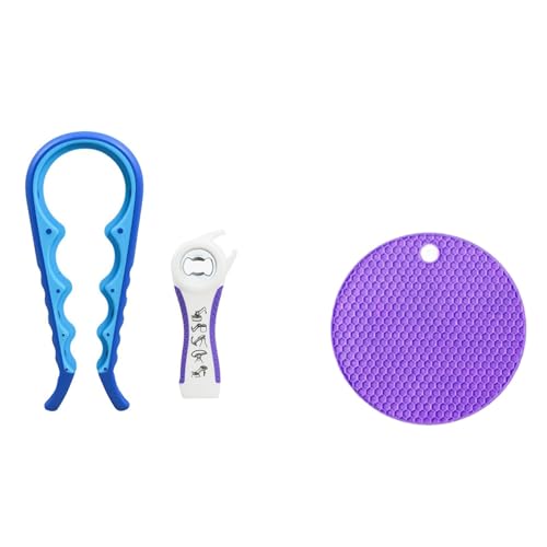 3 Piece Jar Opener Labor Saving Tool Set For Seniors Arthritis Weak Hands | Lever eases arthritic wrist strain dual honeycomb silicone mat heat trivet compact dishwasher safe gift for elderly seniors - color: dark blue and light blue