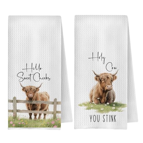 Rustic Floral Highland Cow Bathroom Hand Towels, Hello Sweet Cheeks Bathroom Decor, Funny Farmhouse Highland Cow Decorative Hand Towels for Bath Room Washroom, 16x24 Inch Set of 2 - color: Highland Cow-01