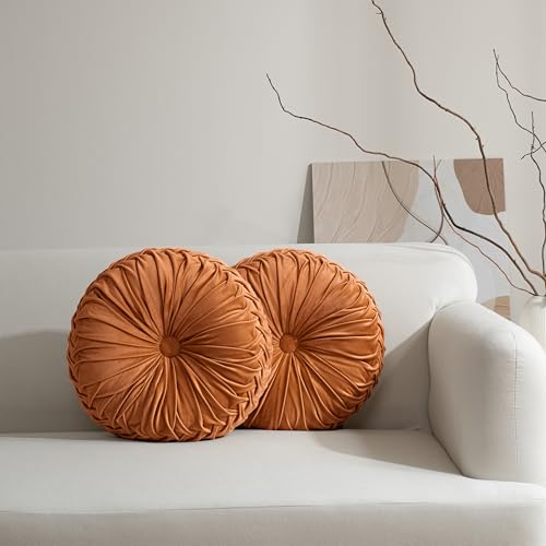 HIG Set of 2 Rust Velvet Decorative Round Pleated Throw Pillows | Vintage Floor Pillows, Classy Accent Pumpkin with Center Button, for Sofa Couch Vanity Chair Bed, 14.5" Diameter - color: Rust, size: 2 Count (14.5 Inch Diameter)