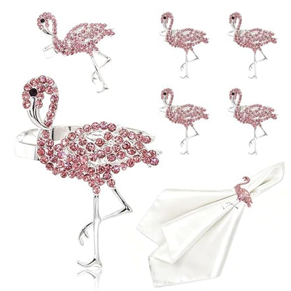 Pink Crystal Flamingo Napkin Rings Set of 6, Silver Rhinestone Tropical Napkin Holders for Beach Wedding Summer Luau Hawaiian Party Bachelorette Elegant Coastal Table Decor - style: Flamingo