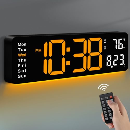 MASHI 16" Easy-Read Large Digital Wall Clock,9-Color Night Light,Auto-DST | remote control,10 dimming levels,large display for time,dateand temp,Ideal plug-in wall clock for living room and seniors - color: Orange