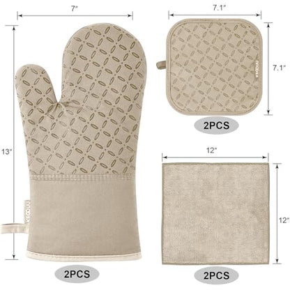 KEGOUU Oven Mitts and Pot Holders 6pcs Set, Kitchen Oven Glove High Heat Resistant 500 Degree Extra Long Oven Mitts and Potholder with Non-Slip Silicone Surface for Cooking (Almond) - color: Almond