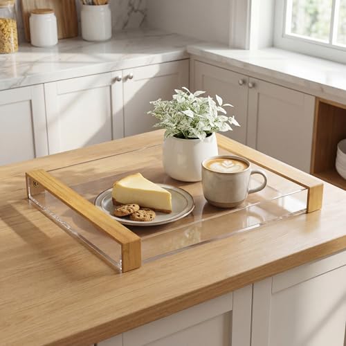 Acrylic Serving Tray with Wooden Handles, Rectangle | Clear, For Bathroom Vanity, Coffee Table, Kitchen Counter, Ottoman, For Food, Drinks, Perfume, Cosmetics, Decorative