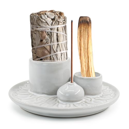 4 in 1 Ceramic Incense Holder, Incense Burner Ash Catcher Palo Santo Sage Holder for Home Decor Meditation Yoga (White) - color: White