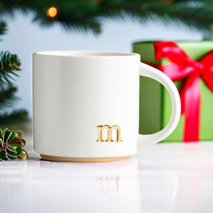 COLLECTIVE HOME Ceramic Coffee Mug, 15 oz Monogram Cup with Gift Box(m) | Dishwasher Safe, Engraved Gold Letter , Personalized Housewarming Birthday Present, Christmas Thanksgiving Mothers Day Gifts - color: gold-m