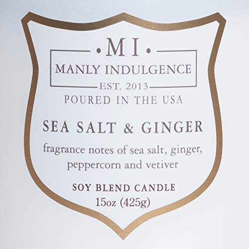 Manly Indulgence Sea Salt & Ginger Scented Candles for Men, 15 oz Wooden Wick, Premium Soy Blend Wax, 60H Burn, Candles for Home Scented - Made in The USA - color: Sea Salt & Ginger