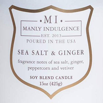Manly Indulgence Sea Salt & Ginger Scented Candles for Men, 15 oz Wooden Wick, Premium Soy Blend Wax, 60H Burn, Candles for Home Scented - Made in The USA - color: Sea Salt & Ginger
