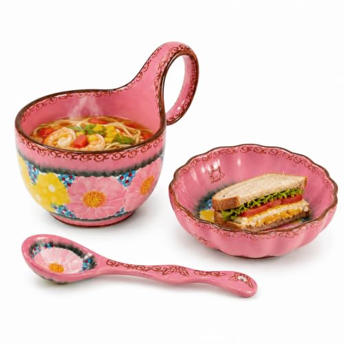 3 Piece Hand Painted Loop Handle Soup Bowl, Plate and Spoon Set,13.37oz Ceramic Cereal Cup for Coffee,Floral Bowl Set for Soup Snack Ice Cream Stew Microwave Dishwasher Safe (Pink) - color: Coral pink