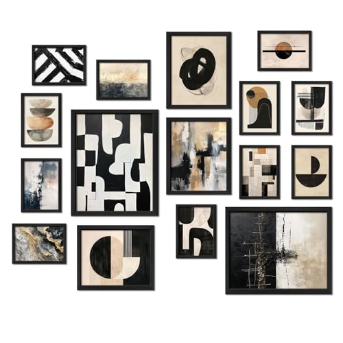 ANERZA 16 PCS Framed Black and White Abstract Wall Art Decor, Minimalist Wall Prints for Bedroom, Gallery Wall Frame Set, Posters for Living Room Aesthetic, Collage Kit, Dorm Artwork - color: Cream, size: 12"x15" Framed