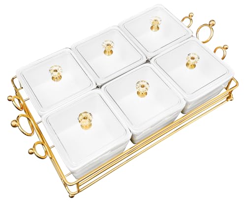 YA JU Ceramic Bowls and with Lid Gold Basket Trays, 6 Removable Small Bowls Condiment Trays Nut Serving Set for Snacks, Fruits, Candy and Condiments -Great for Parties, Holiday Gifts, White - color: White 6 Removable snack Bowls