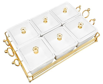 YA JU Ceramic Bowls and with Lid Gold Basket Trays, 6 Removable Small Bowls Condiment Trays Nut Serving Set for Snacks, Fruits, Candy and Condiments -Great for Parties, Holiday Gifts, White - color: White 6 Removable snack Bowls