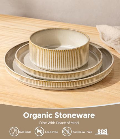 GBHOME Stoneware Dinnerware Sets for 4, 12 Pieces Plates and Bowls Set | Lightweight Ceramic Ribbed Dishes,Reactive Glaze Stackable Plate Set,Scratch Resistant,Microwave & Dishwasher Safe,Cappuccino - color: Cappuccino