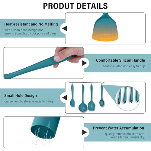 HaWare 11 PCS Silicone Cooking Utensils Set, Heat Resistant Kitchen Utensils with Holder, Food-grade Spatula Sets for Nonstick Cookware, Kitchen Tools Gadgets Include Fish Turner, Spoon (Blue) - color: Blue