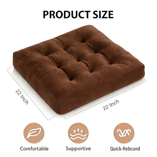 Square Floor Pillow Cushion, 22x22 Inch Meditation Pillow, Coffee | Thick Tufted, Soft Velvet Seat Cushion, for Yoga, Gaming, Reading, Living Room, Tatami, Chair - color: Coffee
