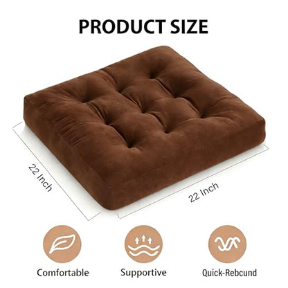 Square Floor Pillow Cushion, 22x22 Inch Meditation Pillow, Coffee | Thick Tufted, Soft Velvet Seat Cushion, for Yoga, Gaming, Reading, Living Room, Tatami, Chair - color: Coffee