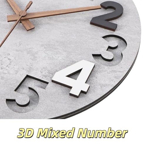 12-inch Silent Wall Clock, White-Gray | 3D Raised Numerals, Wooden Dial, Model: M-8845 - color: White-gray