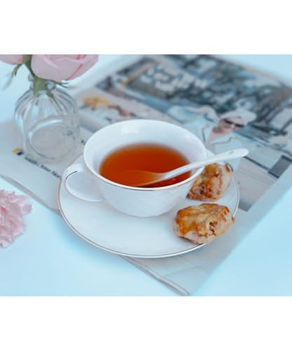 Bone China Tea Cup and Saucer Set with Spoon，Elegant Floral Tea Cup Set (7 oz)，British Coffee Latte Mug - color: white-B