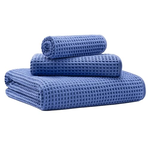 MICROFI New Microfiber Waffle Bath Towels, 3 Pieces, Oversized, Soft, Absorbent, Fast Drying, Lint Free, Includes Bath, Face and Hand Towels 430 GSM - color: Dark Blue
