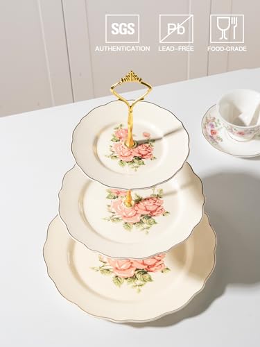 Sweejar 3 Tier Ceramic Cake Stand Wedding, Dessert Cupcake Stand for Tea Party Serving Platter(Rose) - color: Rose
