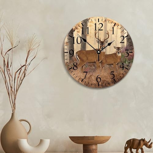 Deer Buck Large Wooden Wall Clocks Battery Operated 12 Inch Autumn Hunting Clock Rustic Wall Art Farmhouse Home Decor for Bedroom Living Room Kitchen School Office