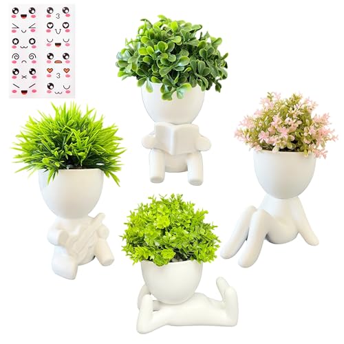 4 Packs Creative Small Fake Plants Artificial Succulents in Ceramic Human Shaped Pots Cute Office Plants For Desk Home Decor Funny Premium Ceramic Faux Succulent Perfect Humorous Gift Idea (4, white) - color: White