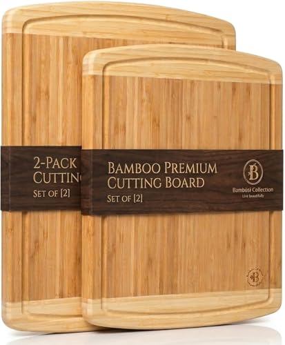 Bamboo Cutting Boards for Kitchen Set of 2 - Large Bamboo Cutting Board 18 x 13 Inch, Non Toxic Wooden Cutting Board with Juice Groove + Handle, Reversible Butcher Block Chopping Boards by Bambusi - size: 2-Piece (Two-Tone)