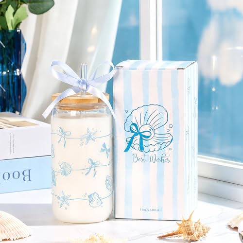 Beach Gifts for Women, Ocean Sea Glass Cup with Lid and Straw | Coffee Cup Tumbler Summer Beachy Stuff for Women Teen Girls Mom Wife Birthday Thanksgiving Wedding Bridal Shower 16oz - style: Ocean