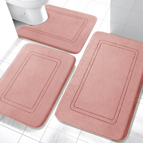 Memory Foam Bath Mat Set, Bathroom Rugs Sets 3 Pieces, Non Slip Bath Mats for Bathroom, Super Soft and Water Absorbent Bath Rug Set, Machine Washable U Shape Toilet Rug,Pink - color: Pink, size: 3pieces