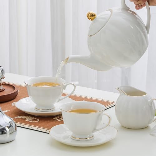White Ceramic Tea Cup and Saucer Set of 8 (16-Piece) - 6oz Elegant Porcelain Cups with Gold Rim, 8 Cups & 8 Saucers for Tea Party - size: 6oz