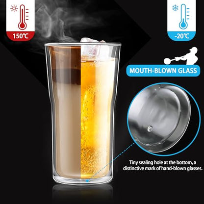 Joeyan Glass Double Walled Beer Drinking Glasses Tumbler 16 oz, Double Layer Tall Borosilicate Insulated Water Cocktail Glass Cups, Double Lined Thermo Tea Coffee Hot Beverage Glassware, Set of 2 - color: 450ml-Clear with handle