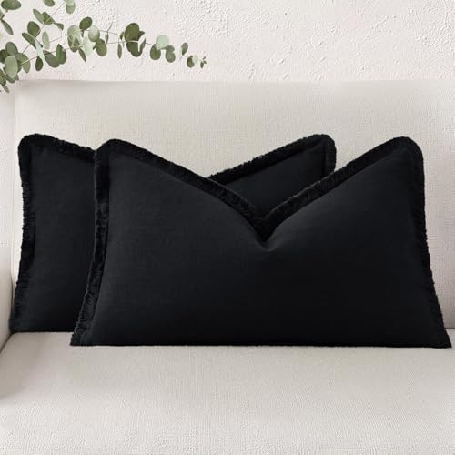 decorUhome Linen Fringe Black Throw Pillow Covers 12x20 Set of 2 | Decorative Soft Accent Modern Boho Farmhouse Lumbar Cushion Covers with Tassels Cotton Pillow Covers for Couch Bed Sofa - color: Black, size: 20" x 12" (Pack of 2)