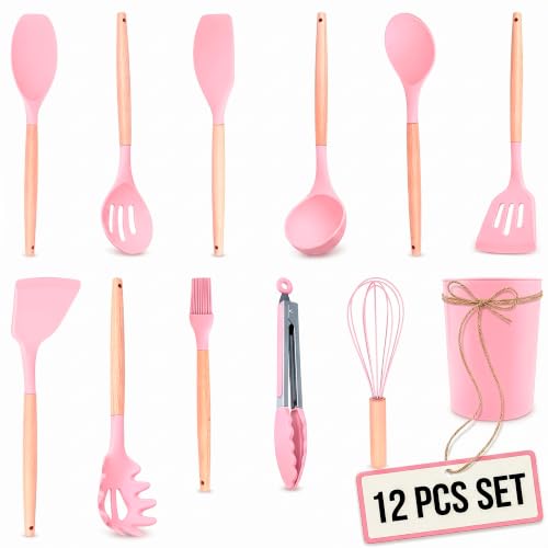 12 Pcs Pink Cooking Utensils Set with Holder for Nonstick Cookware | Silicone Kitchen Utensils Set for BBQ; Heat-Resistant Tools with Wooden Handles for Baking, Serving, Frying, and Mixing - color: Pink