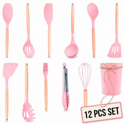 12 Pcs Pink Cooking Utensils Set with Holder for Nonstick Cookware | Silicone Kitchen Utensils Set for BBQ; Heat-Resistant Tools with Wooden Handles for Baking, Serving, Frying, and Mixing - color: Pink