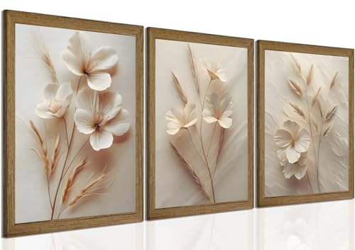 Neutral Beige Floral Canvas Wall Art Set of 3 Beige Botanical Paintings Pictures Minimalist Flower Prints Artwork for Living Room Bedroom Office 12x16in Wood Framed - color: Beige Flower framed, size: 16L"x12W"