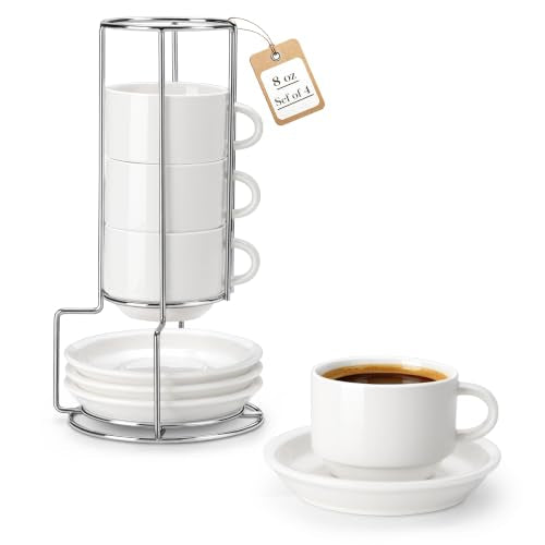 MALACASA 8 OZ Porcelain Espresso Cups with Saucers and Metal Stand Set of 4, Stackable Cappuccino Cups, White Expresso Shots Cup Set for Coffee Drinks, Latte, Tea - color: White, size: 8 Oz