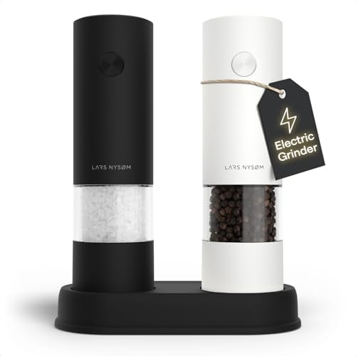 LARS NYSØM Electric Salt and Pepper Grinder Set I Automatic Salt and Pepper Mills with Adjustable Ceramic Grinder I AAA-Battery Operated Electric Spice Mill Set (Black/White) - color: Carbon Black / Pure White