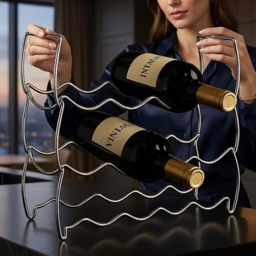 3-Tier Countertop Wine Rack, 12-Bottle Metal Liquor Display Shelf | Stackable 3-Tier Metal Wine Rack for Home Bar, Kitchen Cabinet, Countertops & Pantry - color: Silver