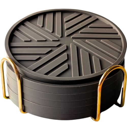 Silicone Coasters Set of 6, Groove Patterns & Gold Holder - Coffee Table and Kitchen Decor (Dark Grey) - color: Dark Grey