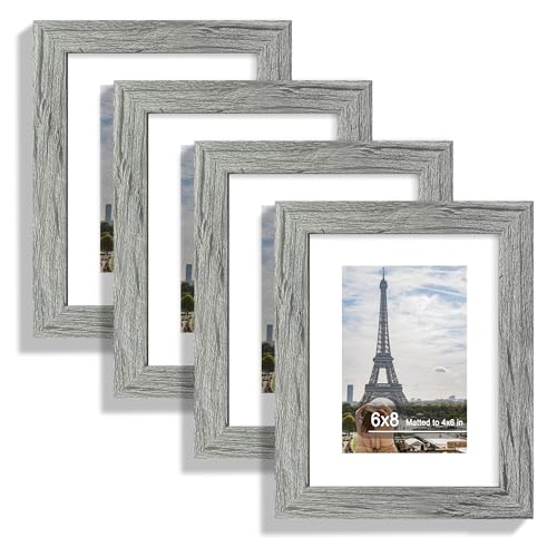 Hongkee 6x8 Picture Frame Set of 4, Made of Real Glass and Grey Frame - Display Picture 4x6 with Mat or 6x8 Without Mat, 6 by 8 Photo for Wall or Tabletop - color: Grey, size: 6x8 in