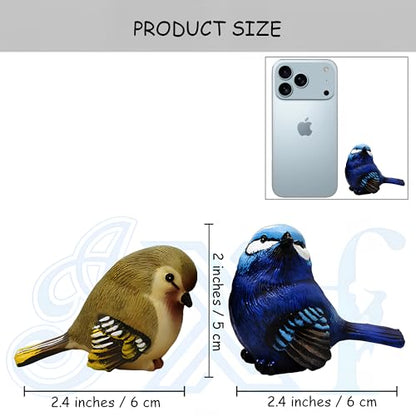 Resin Bird Figurines Set of 2, 2.4 Inch Grumpy Bird Decor | Hand-painted cobalt blue and olive-yellow birds, 2.6 oz each, with flat bases for stable indoor and outdoor display