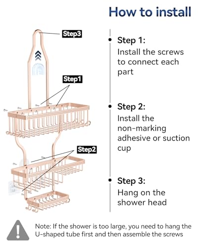 Never Rust Shower Caddy Hanging, Aluminum Shower Racks for Inside Shower, 3-Tier Shower Organizer Hanging Over Shower Head with Hooks and Soap Holder, Rose Gold - color: Rose Gold