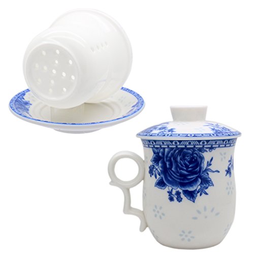 Porcelain Tea Cup with Infuser Lid and Saucer Sets - Chinese Jingdezhen Ceramics Coffee Mug Teacup Loose Leaf Tea Brewing System for Home Office - color: Exquisite Rose Blue and White
