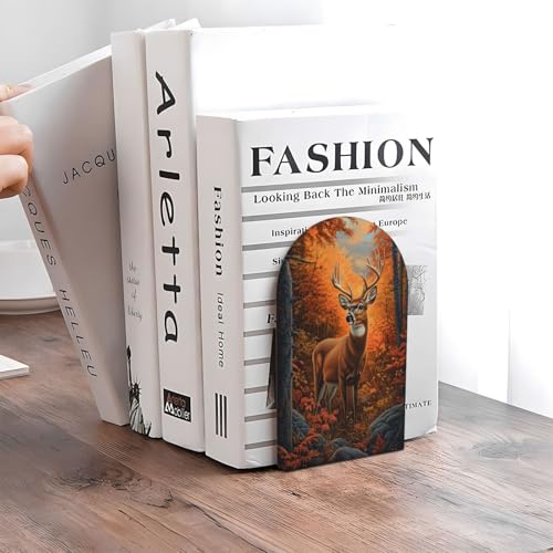 Autumn Forest Deer Wild Animal Bookends for Shelves 2 Pcs Wooden Book Stopper Organizer for Home Office Libraries