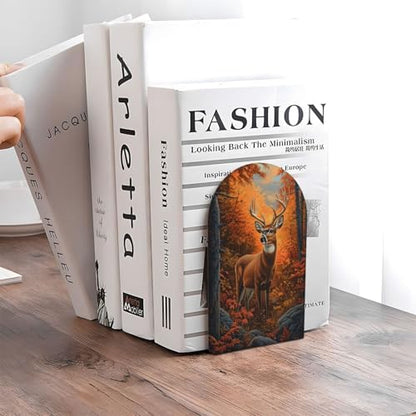Autumn Forest Deer Wild Animal Bookends for Shelves 2 Pcs Wooden Book Stopper Organizer for Home Office Libraries